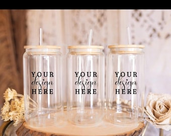 Personalized 16oz Clear Glass Cup with Bamboo Lid & Straw - Trendy and Customizable!