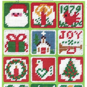 Vintage Studio 12 Navidad Plástico Lienzo Aguja Adorno conjunto paloma iglesia campana santa corona regalo 1979 2525 –DESCARGA INSTANTE