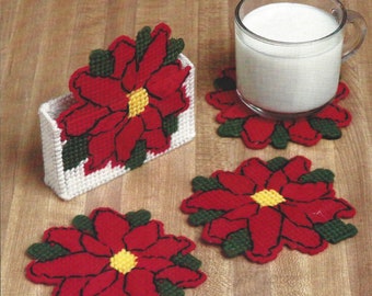 Vintage Bucilla Plastic Canvas Needlepoint Coaster Set Poinsettia – 61043  INSTANT DOWNLOAD