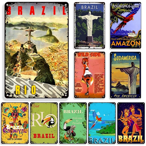 Brazil Retro Metal Print • Travel Vintage Tin Sign • Decorative Brazilian Poster For Home Bar Cafe Mens Cave • Tropical Wall Decor Plaque