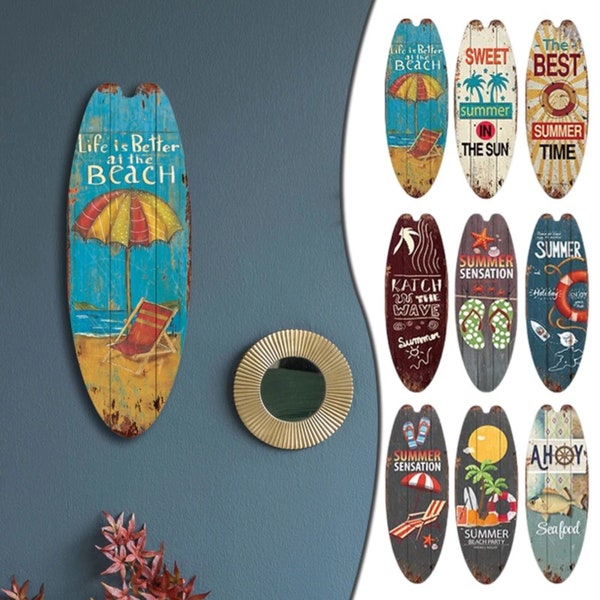 Suspension murale décorative en forme de planche de surf en bois pour une décoration de plage et de littoral • Ornement imprimé en bois de surf sur l'océan • Cadeau signe de surf pour les surfeurs