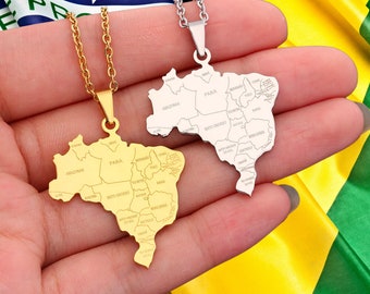 Brazil Map Necklace • Brazilian States Silver Or Gold-Plated Stainless Steel Pendant For Expat Women & Patriot Men • Brasil Jewelry Gift