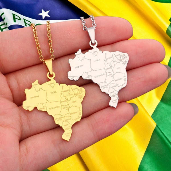 Brazil Map Necklace • Brazilian States Silver Or Gold-Plated Stainless Steel Pendant For Expat Women & Patriot Men • Brasil Jewelry Gift
