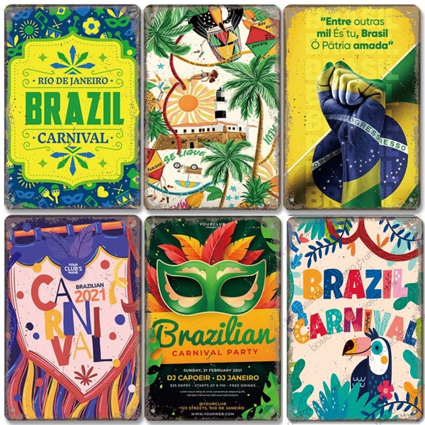 Plaques métalliques Brésil • Impressions métalliques sur le thème du Brésil pour une décoration tropicale vintage • Plaque d'affiche de football pour le Carnaval de voyage en Amérique du Sud