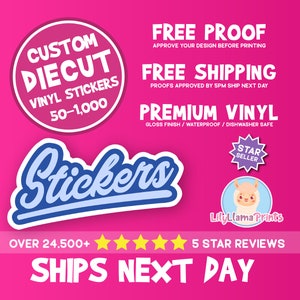 Custom Vinyl Waterproof Stickers Cut any Shape.  Custom Bulk Stickers Perfect for Companies, Creators, and Sticker Lovers