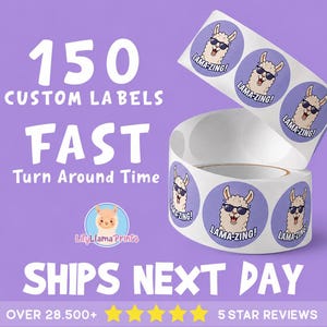 150 etiquetas en rollo premium brillantes, resistentes a la intemperie - Su logotipo de diseño - Envío al día siguiente - ENVÍO RÁPIDO GRATIS - Prueba gratuita antes de imprimir