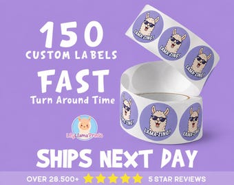 150 Labels on Roll Premium Gloss Weatherproof Labels - Your Design Logo - Ships Next Day - FREE FAST SHIPPING - Free Proof Before Printing