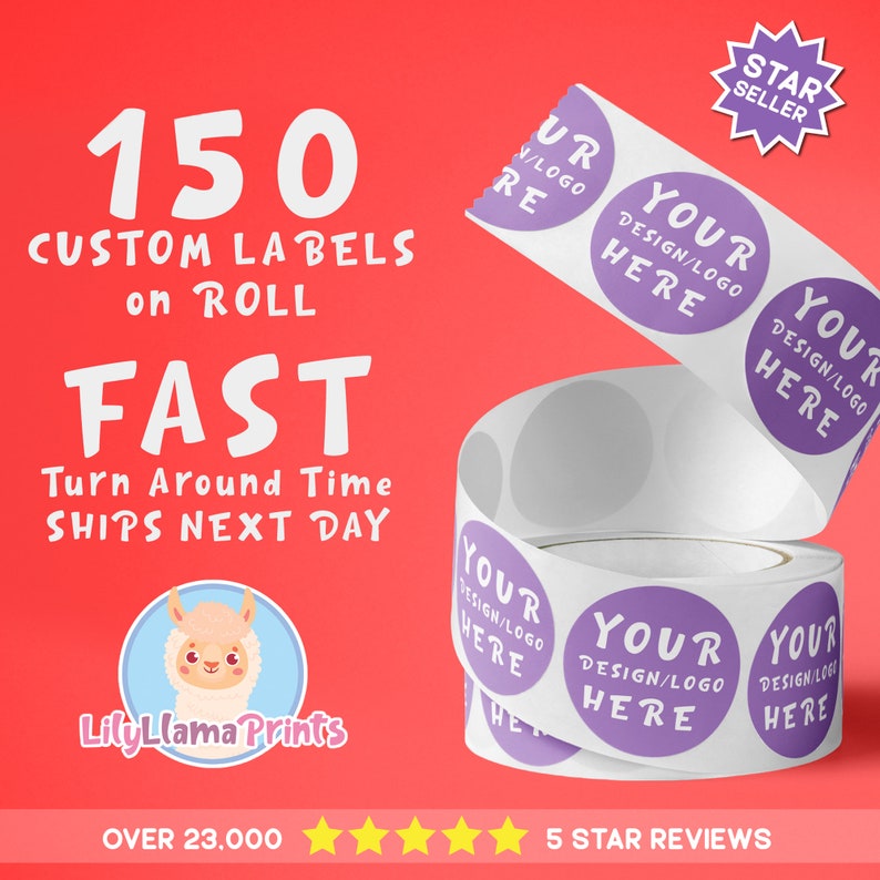 150 Labels on Roll Premium Gloss Weatherproof Labels Your Design Logo Ships Next Day FREE FAST SHIPPING Free Proof Before Printing image 1