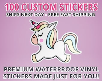 100 Custom Vinyl Waterproof Stickers Cut any Shape.  Custom Bulk Stickers Perfect Birthdays Weddings Packaging