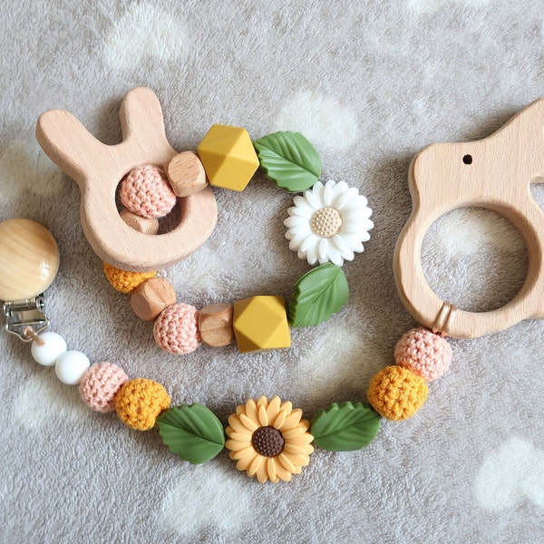 Beaded Wood and Silicone Woodland Bunny Sensory Rattle Toy Ring and Clip