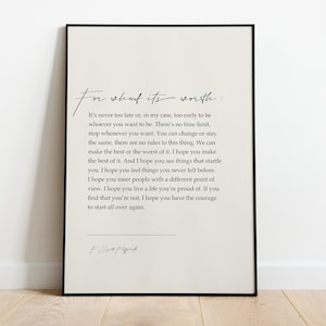 F. Scott Fitzgerald „For What It'S Worth...” Cytaty z książek, Dekoracje ścienne, Prezenty do domu, Minimalistyczne wydruki do oprawienia, Inspirujące prezenty