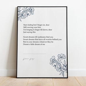 Doris Day "Dream A Little Dream Of Me" Song Lyrics Print, Inspirierende Zitate, Wand Kunst Dekor, Minimalistische Drucke, Geschenke für Zuhause