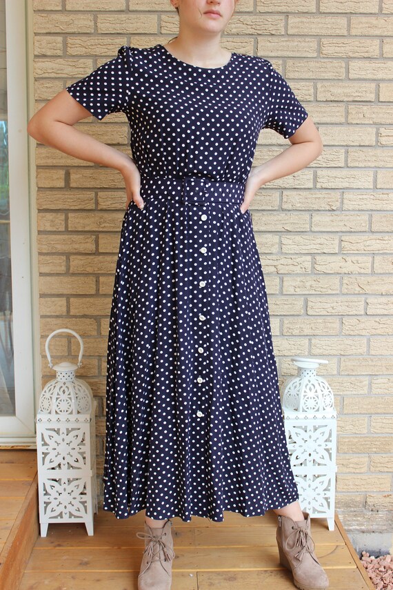 navy spot print dress navy polka dot midi dress medium 90s 1990s blue polka dot slip dress navy white spotted sundress