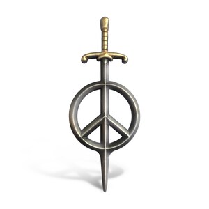 May include: A silver peace sign with a gold-tipped sword piercing through the center.