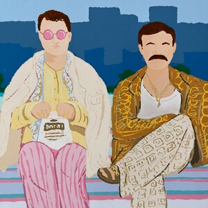 May include: Two people wearing sunglasses and patterned clothing are sitting on a striped bench. The person on the left is holding a white bag with the word "Enrst" printed on it. The person on the right is wearing a gold jacket and white pants with a geometric pattern.