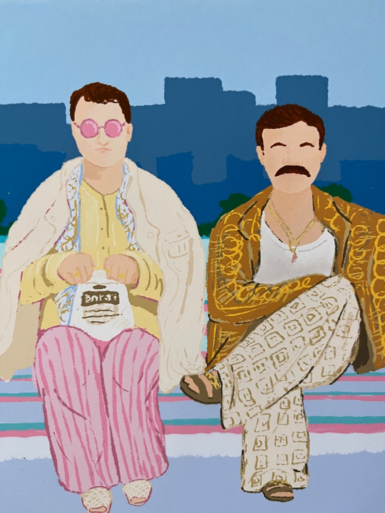 May include: Two people wearing sunglasses and patterned clothing are sitting on a striped bench. The person on the left is holding a white bag with the word "Enrst" printed on it. The person on the right is wearing a gold jacket and white pants with a geometric pattern.