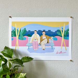 May include: A colorful illustration of two men sitting on a bench in front of a city skyline. The men are wearing patterned clothing and the bench is striped. The background is a bright blue sky with yellow and pink accents.