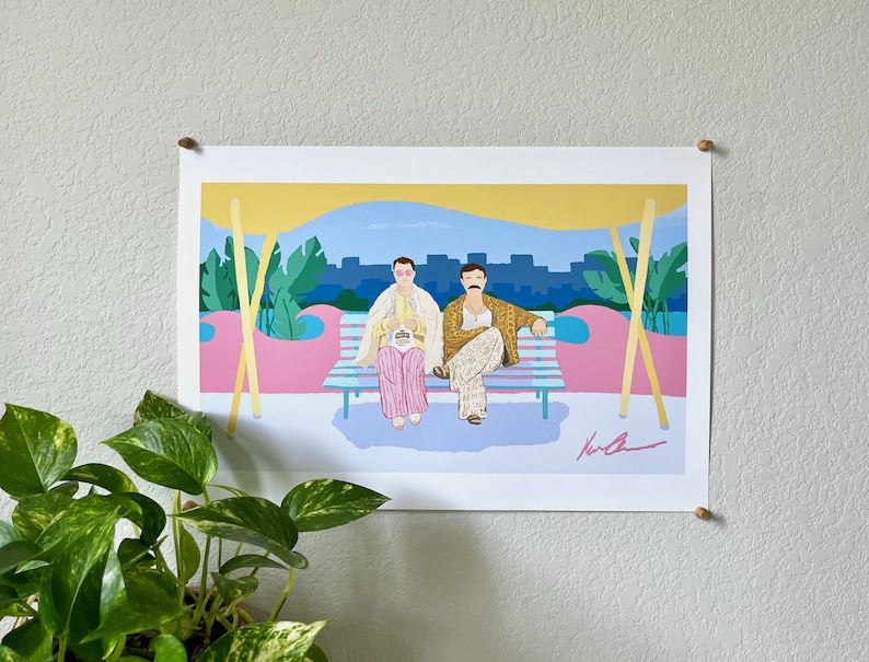May include: A colorful illustration of two men sitting on a bench in front of a city skyline. The men are wearing patterned clothing and the bench is striped. The background is a bright blue sky with yellow and pink accents.