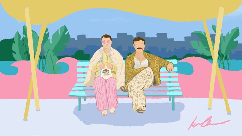 May include: Two people wearing patterned clothing sit on a blue bench with a pink and white background. The people are wearing sunglasses and one has a mustache. The background includes palm trees and a city skyline.