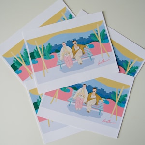 May include: Two people sitting on a bench with a pink and blue striped design. The bench is under a white umbrella with a blue and green palm tree design. The people are wearing yellow and pink clothing. The background is a blue and green cityscape.