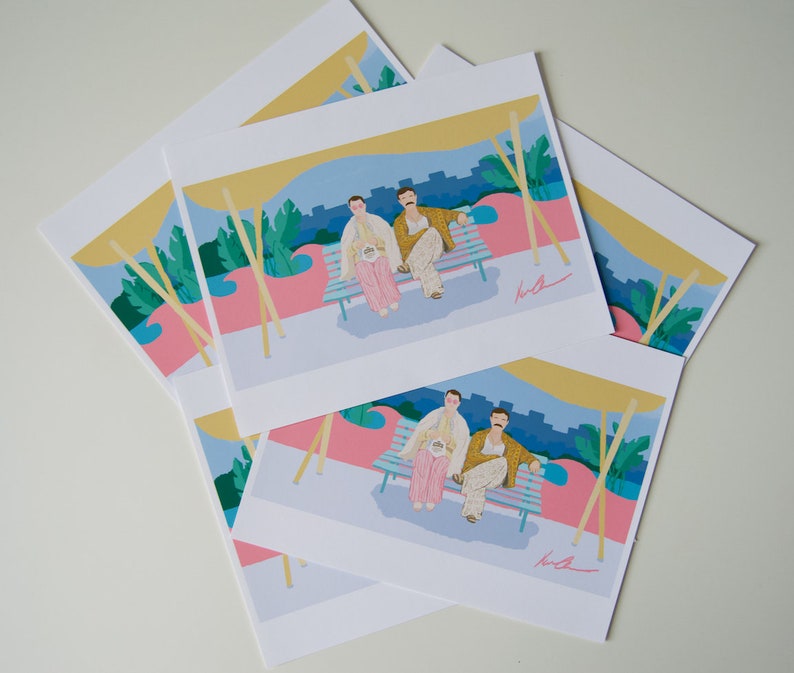 May include: Two people sitting on a bench with a pink and blue striped design. The bench is under a white umbrella with a blue and green palm tree design. The people are wearing yellow and pink clothing. The background is a blue and green cityscape.