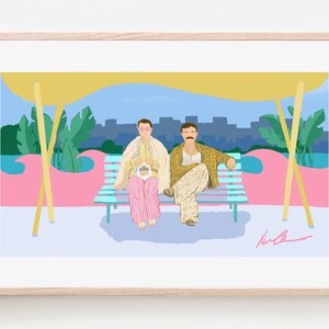 May include: Two men sitting on a blue and white striped bench under a yellow canopy. The men are wearing casual clothing and are looking at the viewer. The background is a cityscape with palm trees.