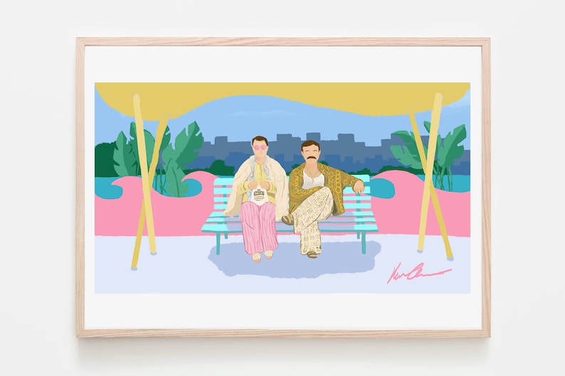 May include: Two men sitting on a blue and white striped bench under a yellow canopy. The men are wearing casual clothing and are looking at the viewer. The background is a cityscape with palm trees.