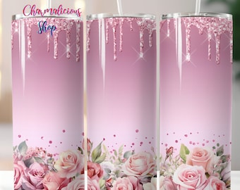 Pink Roses Glitter Tumbler, Sublimation, Sublimation, Ready To Press, Print Out Transfer, 20 oz, Skinny Tumbler Transfer, NOT A DIGITAL
