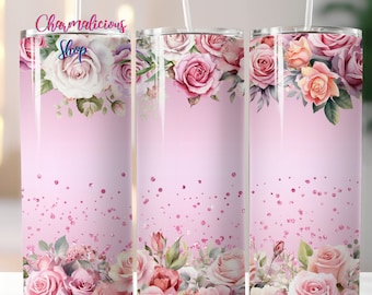 Pink Roses Glitter Tumbler, Sublimation, Sublimation, Ready To Press, Print Out Transfer, 20 oz, Skinny Tumbler Transfer, NOT A DIGITAL