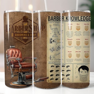 May include: A stainless steel tumbler with a brown background and barber-themed graphics. The tumbler features a barber chair, the words "Barbershop Grooming & Shop", and diagrams of haircut styles and shaving techniques.