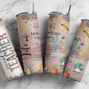 May include: Four stainless steel tumblers with lids and straws. The tumblers feature teacher-themed designs with text, pencils, books, and a leopard print pattern. One tumbler reads "second grade teacher".