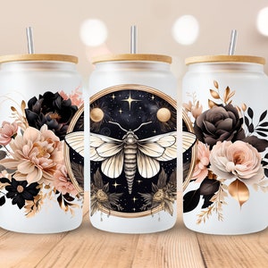 Motte mit Blumen, Sublimation, fertig zum Pressen, Print Out Transfer, 16 oz. Libbey, KEIN DIGITAL