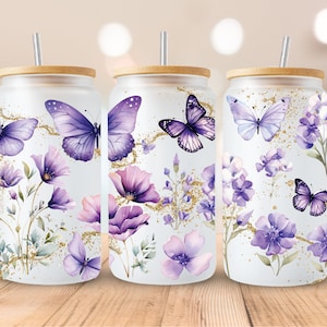 Lila Schmetterling, Blumen, Sublimation, fertig zum Pressen, Ausdrucken Transfer, 16 oz. Libbey, KEIN DIGITAL
