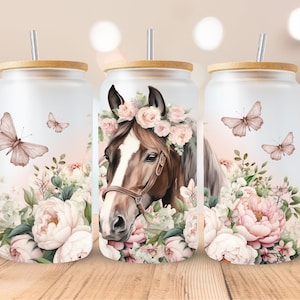 Pferd, Blumen, Sublimation, fertig zum Pressen, Transferdruck, 16 oz. Libbey, KEIN DIGITAL