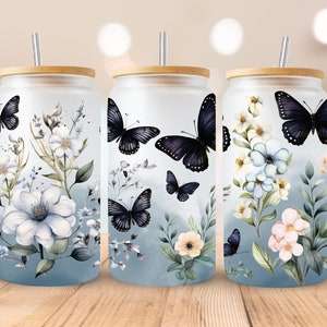 Farfalla blu, fiori, sublimazione, pronto per la stampa, trasferimento di stampa, 16 oz. Libbey, NON DIGITALE