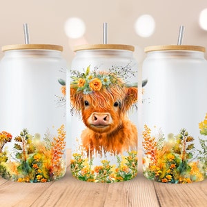 Baby Highland Kuh, Blumen, Blumen, Sublimation, Ready to Press, Print Out Transfer, 16 oz. Libbey, KEIN DIGITAL