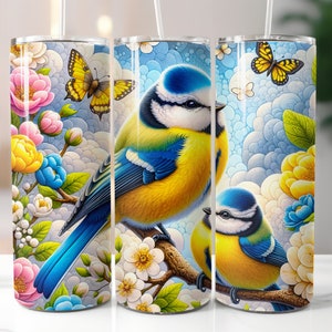 Uccello giallo blu, Floreale, Farfalle, Sublimazione, Pronto per la stampa, Trasferimento di stampa, 20 oz, Trasferimento Tumbler Magro, NON DIGITALE