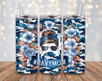 Mamá de la Marina, Flores Azules, Vida de Mamá, Sublimación, Listo para Imprimir, Transferencia para Vaso Delgado de 20 oz, NO ES DIGITAL