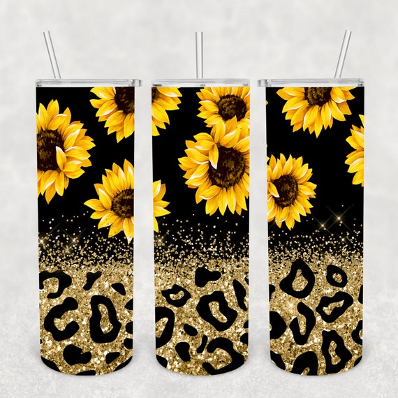 Sunflower, MomLife, Gold Glitter Leopard Print, Sublimation Printed Skinny 20  oz Tumbler