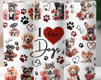 Me encantan los perros, vaso para niños, perros lindos, sublimación, listo para imprimir, transferencia de impresión, 20 oz, transferencia de vaso delgado, NO DIGITAL