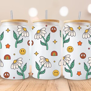 Retro glückliches Gesicht, Blumen, Regenbögen, Sublimation, fertig zum Pressen, Print Out Transfer, 16 oz. Libbey, KEIN DIGITAL
