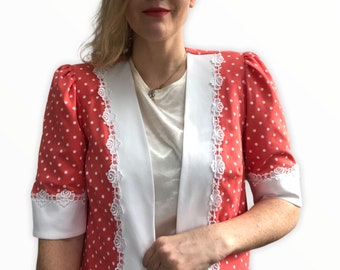 Vintage Blazer 1980s / Size UK14 / Peach White Polka Dot Open Jacket / Housewife Nostalgia