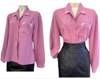 Vintage Blouse 1980s, 10 UK, Pink Embroidered Art Deco, Hamells British Shirt, 6 US Pastel Mauve