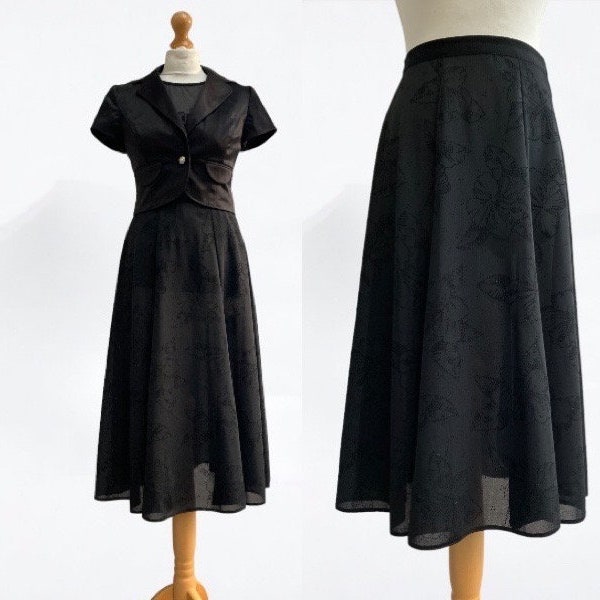 Vintage Midi Skirt / 80s St Michael / Size 10 UK / Jet Black Sheer Swishy