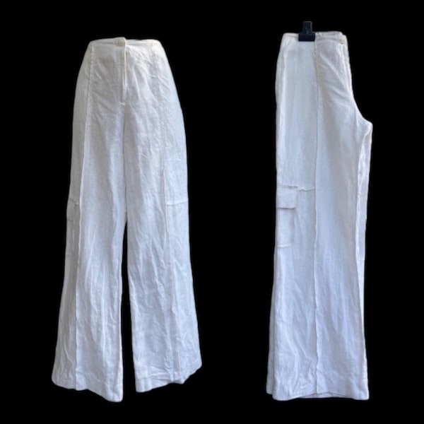 Vintage Linen Trousers / White Cargo Wide Leg / Embroidered/ Size 10 12 UK