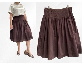 Vintage Skirt / Y2K Pleated / Summer Festival Cotton Swishy / Chocolate Brown / Size 12 UK