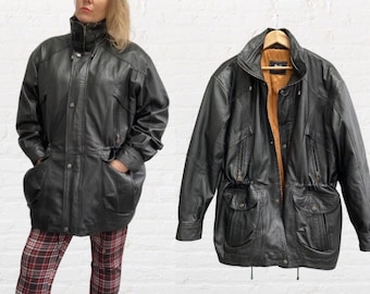 Veste en cuir vintage des années 90 / manteau épais noir / unisexe taille L