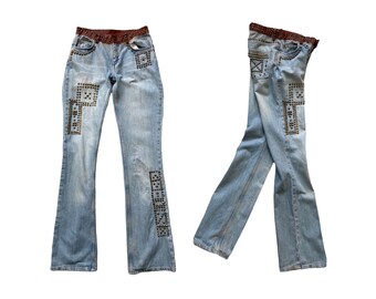 Vintage Jeans, KAREN MILLEN Flares Y2K Low Rise Hipster, UK8 US4, Denim Retro 70s Bootleg Fade Denim Studded Unusual, 26W 34L