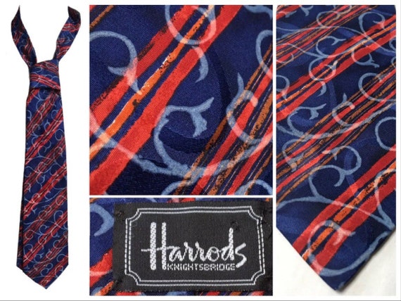 Vintage HARRODS Silk Tie Blue Red Stripe Baroque S