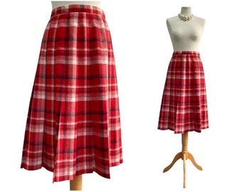 Vintage Skirt /  1980s St Michael / Red Pleat Check Plaid / 30 Inch Waist 12UK 8US